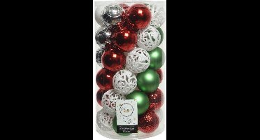 Decoris Kerstballen - 37st - kunststof - wit-rood-zilver - 6 cm