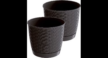 2x stuks ronde gevlochten plantenpotten/bloempotten kunststof dia 14.5 cm en hoogte 12.5 cm in het donkerbruin