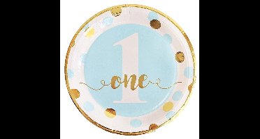 Kartonnen Bordjes 1st Birthday roze /Goud 18 cm (8st) verjaardag 1 jaar