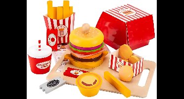 Montessori Houten Speelgoed - Hamburger Speelset - Educatief Rollenspel Keuken Speelgoed - 30 delige set inclusief Frietjes, Cola, Nuggets, Muffin & Meer - USA Fastfood Diner Thema - Montessori Speelgoed Jongens & Meisjes vanaf 3 jaar