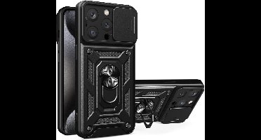 Hoesje geschikt voor iPhone 15 Pro Max met Ringhouder en Camera schuifje – Zwart