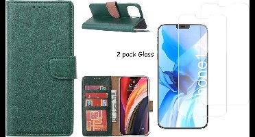 Hoesje Geschikt voor iPhone 12 / 12 Pro hoesje - bookcase / wallet cover portemonnee Bookcase hoes Groen + 2x tempered glass / Screenprotector