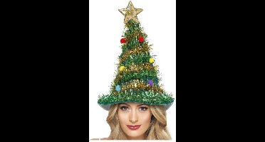 Kerstmuts - kerstboom - groen - versierd - 38 cm - kunststof - kerstaccessoires