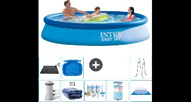Intex Rond Opblaasbaar Easy Set Zwembad - 366 x 76 cm - Blauw - Inclusief Pomp Solarzeil - Onderhoudspakket - Filter - Grondzeil - Solar Mat - Ladder - Voetenbad