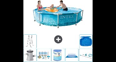 Intex Rond Frame Zwembad - 305 x 76 cm - Waterprint - Inclusief Pomp Onderhoudspakket - Filter - Grondzeil - Schoonmaakset - Ladder - Voetenbad