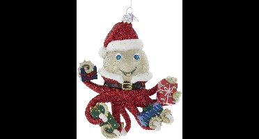 Kurt S. Adler Kerstornament - Octopus met Kerstmuts - glas - rood groen - 12cm