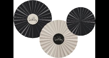 Folat - Crème noir papieren waaiers happy birthday - 3 stuks