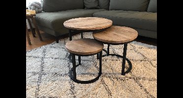 Home-LXRY - set salontafel Carmen - ronde salontafels - Mangohout - Metaal - industriële salontafel - 33 / 43 / 54cm - BRIX