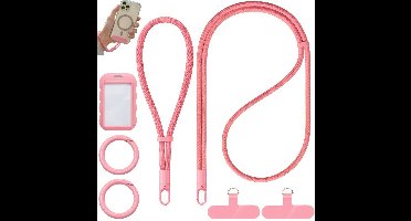 Universeel Nek & Polsband Telefoonkoord met Ringen, Badgehouder, Bevestigingsplaatjes - GSM Lanyard Keycord - Nekkoord Strap Telefoonketting - Telefoon Koord/Cord - Musketonhaak Sleutelhanger Sleutelkoord - Pashouder Keykoord - Phone Kettingen - Roze
