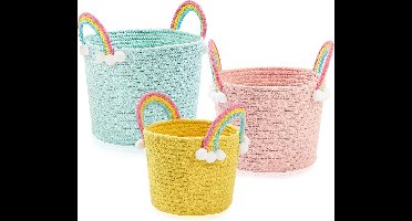 Set van 3 Ronde Regenboogmandjes voor Luiers, Speelgoed en Wasmand - Katoen Touw Opbergmanden