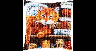 Vervaco - Kruissteekkussen kit - Kat tussen boeken - PN-0163873 - Borduren - Borduurpakket - Borduurpakket volwassenen - Borduurpakket kind