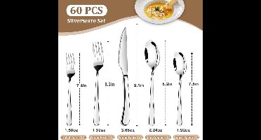 Boraboi® Elegante 60-delige bestekset van roestvrij staal voor 12 personen, Roestvrij staal, Zilver