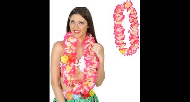 Atosa Hawaii krans/slinger - 2x - Tropische kleuren roze - Grote bloemen hals slingers - verkleed accessoires