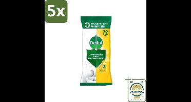 5 x Dettol - Reinigingsdoekjes - Sprankelende Citroen - 99,9% Bacterieverwijdering - 72 Doekjes - Grootverpakking - Reinigingsdoekjes - Hygiëne - Bacterieverwijdering - Citroengeur - Schone Omgeving