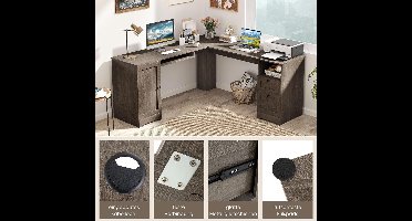 Luxe L-vormig Hoekbureau met Oplaadstation, Toetsenbordlade en Opbergkasten voor Thuiskantoor en Gaming, 168 x 168 x 76 cm – Novihome