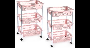 Plasticforte keukentrolley/badkamer trolley - 2x stuks - op wieltjes - 3-laags - oudroze - kunststof - 40 x 30 x 61,5 cm