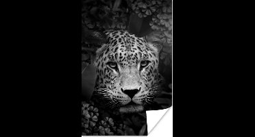 Poster Panter tussen de bloemen in de jungle - zwart wit - 20x30 cm
