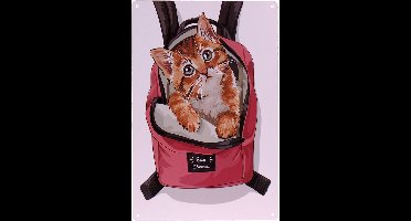 Metalen plaatje poes in rugzak - 21x33 cm