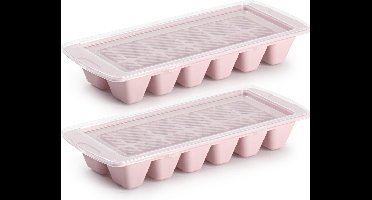 PlasticForte IJsblokjesvorm - roze - 2x stuks - met afsluitdeksel - 28 x 11 cm - ijsklontjes bakje