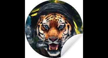 WallCircle - Muurstickers - Behangcirkel - Tijger - Bloemen - Blauw - ⌀ 30 cm - Muurcirkel - Zelfklevend - Ronde Behangsticker