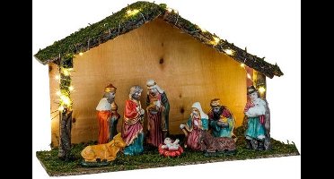 HI Verlichte kerststal - porselein/mos/hout - 40 x 16 x 26 cm - incl. 9 beeldjes/figuren - kerstversiering