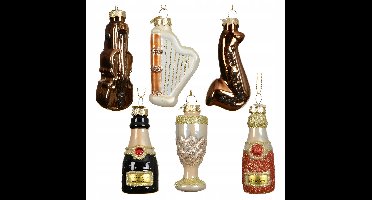 Glazen Kerstballen Mix: Instrumenten & Drankjes (6 stuks, 7.5 cm)