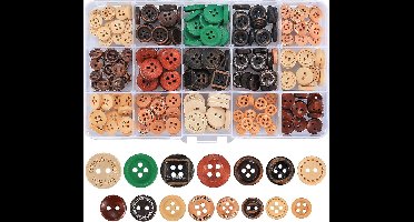 225 stuks Houten knoopjes - Knoopjes - 15 stijlen - Gekleurd - Mixed Setje - Voor Naaien - Hobby - Ronde knoppen met opbergdoos - Scrapbooking en decoreren - knoopjes voor handwerken zoals naaien en knutselen