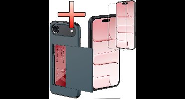 Hoes Geschikt voor iPhone Air Hoesje Pasjeshouder Hard Cover Met Screenprotector Shock Proof Hard Case Hoes Met Kaarthouder - Donkerblauw