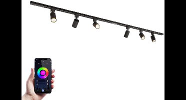 HOFTRONIC railverlichting pakket recht – 2x 1 meter rails – 6 dimbare RGBWW GU10 railspots – aluminium zwart – IP20 – modulair – 230V – smart track lights woonkamer keuken