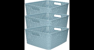 Plasticforte Opbergmand - 3x - Kastmand - rotan kunststof - ijsblauw - 12 Liter - 30 x 37 x 13 cm