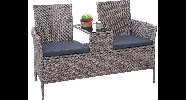 Polyrotan bank met tafel MCW-E24, tuinbank zitgroep tuinset, 132 cm ~ grijs, kussens donkergrijs
