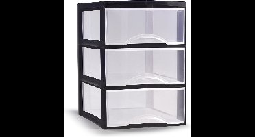 Plasticforte Ladeblokje/bureau organizer met 3x lades - transparant/zwart - L26 x B37 x H37 cm
