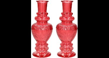 Ideas 4 Seasons Bloemenvaas Venice - 2x - voor kleine stelen/boeketten - gekleurd sierglas - ribbel koraal rood - D5.7 x H15 cm
