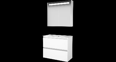 Basic Premium 39 badmeubelset met spiegelkast met geïntegreerde LED verlichting, greeploze wastafelonderkast met 2 lades en porseleinen wastafel met 1