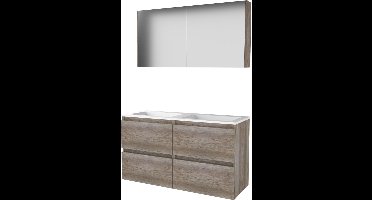 Basic Comfort 46 badmeubelset met spiegelkast, greeploze wastafelonderkast met 4 lades en acryl wastafel met 2 kraangaten 120 x 46 cm, scotch oak