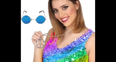 Hippie Flower Power verkleed accessoires set - ronde glazen bril blauw - peace teken ketting - Sixties thema