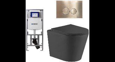 QeramiQ Dely Toiletset - 36.3x51.7cm - diepspoel - rimless - Geberit UP320 inbouwreservoir - met Burda frame - softclose toiletzitting - geborsteld messing bedieningsplaat - ronde knoppen - zwart mat