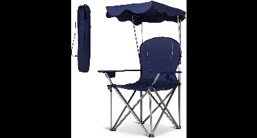 COSTWAY Campingstoel met zonnedak, visstoel met bekerhouder, klapstoel met draagtas, vouwstoel 120 kg belastbaar, visstoel, ideaal voor terras, strand, camping (donkerblauw)