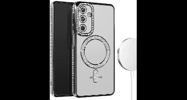 Hoesje met Diamantjes en Glitter Geschikt voor: Samsung Galaxy S24 Plus - MagSafe Glitter Hoesje - Zwart met Diamanten steentjes - Glamour Hoesje