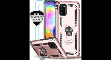 Hoesje Geschikt Voor Samsung Galaxy A41 Ring Armor hoesje + 2x Screenprotector - Rosegoud