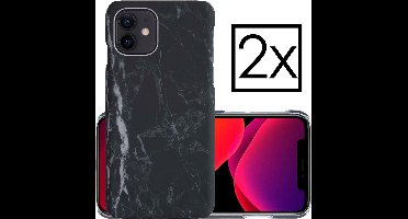 Hoes Geschikt voor iPhone 12 Hoesje Marmer Back Case Hardcover Marmeren Hoes Marmer - Zwart - 2 PACK