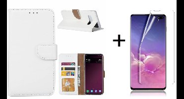 Ntech Hoesje Geschikt Voor Samsung Galaxy S10 Plus Book Hoesje Wit + Folie creenprotector