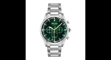 BOSS HB1513868 PIONEER Heren Horloge - Chronograaf - Mineraalglas - Roestvrijstaal - Groen/Zilverkleurig - Ø 44 mm - Quartz - Vouw/Vlindersluiting