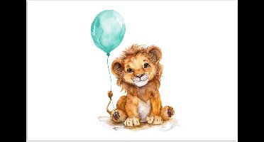Poster 30x20 cm - Leeuw - Baby dier - Blauwe ballon - Posters - Kamer decoratie accessoires - Wanddecoratie kinderkamer - Muurdecoratie babykamer