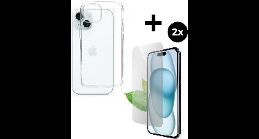 Mobiparts Classic TPU hoesje geschikt voor Apple iPhone 15 met 2 Screenprotectors van Gerecycled Gehard Glas - Transparant