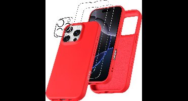Hoesje Geschikt voor iPhone 16 Pro – Zacht siliconen liquid backcover met 2x screenprotectors gehard glas en 1x lens protector – Rood