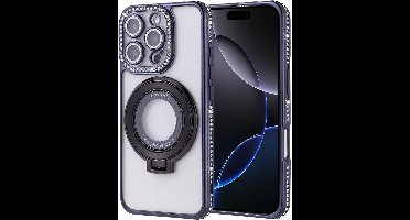 Hoesje Geschikt voor iPhone 16 Pro Max Magsafe hoesje Zwart - Lens beschermer ring Luxury Bling Sparkly Diamond backcover
