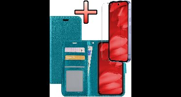 Hoesje - Met Screenprotector - Geschikt voor Google Pixel 9a - Luxe Pasjeshouder - Bookcase Portemonee - Flip Case - Kunstleer Book Case - Flipcase - Book Cover - Walletcase - Portemonneehoes - Turquoise