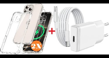 USB C Adapter oplader - USB C Snellader 20W Met 1m Kabel - Hoesje Geschikt voor iPhone 16 Pro Max hoesje transparant Anti Shock silicone met 2x screenprotector- Ntech COMBI-SET