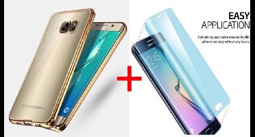 Hoesje geschikt voor Samsung Galaxy S7 Edge - Electroplating TPU Case Transparant met Goude Bumper + Curved Tempered Glass Screenprotector 2,5D 9H (Gehard Glas)